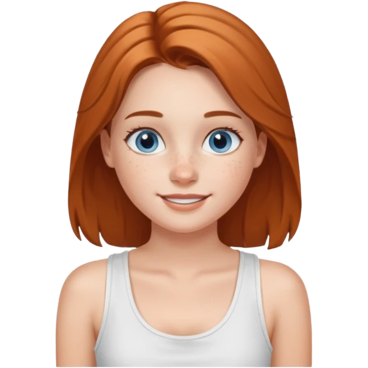 Una chica de tez blanca con pecas, nariz respingada, labios gruesos, ojos grandes color azul grisáceo, pelo largo, lacio, color avellana. Con una blusa de tirantes blanca. Que este sonriendo y q solo se vea de la cintura hacía arriba emoji
