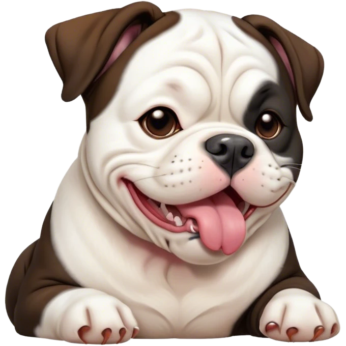 Cinematic Cute Yawning Black and White American Bulldog Portrait Emoji, Head tilted slightly with a dramatic, wide-open yawn, short black and white fur with a velvety texture, floppy ears slightly drooping, round brown eyes barely open in drowsy contentment, Simplified yet irresistibly adorable features, highly detailed, glowing with a soft, cozy glow, high shine, relaxed yet expressive, stylized with a touch of whimsy, bright and endearing, soft glowing outline, capturing the essence of a sleepy yet affectionate pup, so drowsy it feels like it could stretch right out of the screen and curl up for a nap! emoji