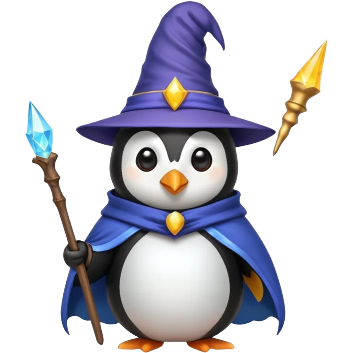 penguin dressed as a wizard with a pointy hat and a magic wand, fun emoji style emoji