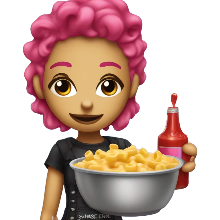 Punk girl with blue and pink hair puts ketchup on Mac n cheese emoji