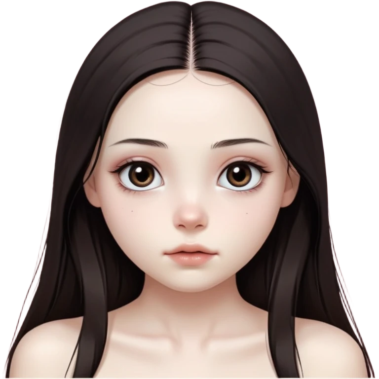 girl with white skin, dark brown long realistic straight hair with middle part prominently falling in front of her body over her shoulders, natural lips with absolutely no cupid's bow and no lip gloss or makeup, big round eyes with very black shiny eyeballs and natural eyelashes, no makeup whatsoever on face, no blush, no eyeshadow, completely bare face, lighter button nose, exceptionally elongated very long oval-shaped face, wearing a pink off-shoulder top, looking directly at camera with hands down at sides emoji