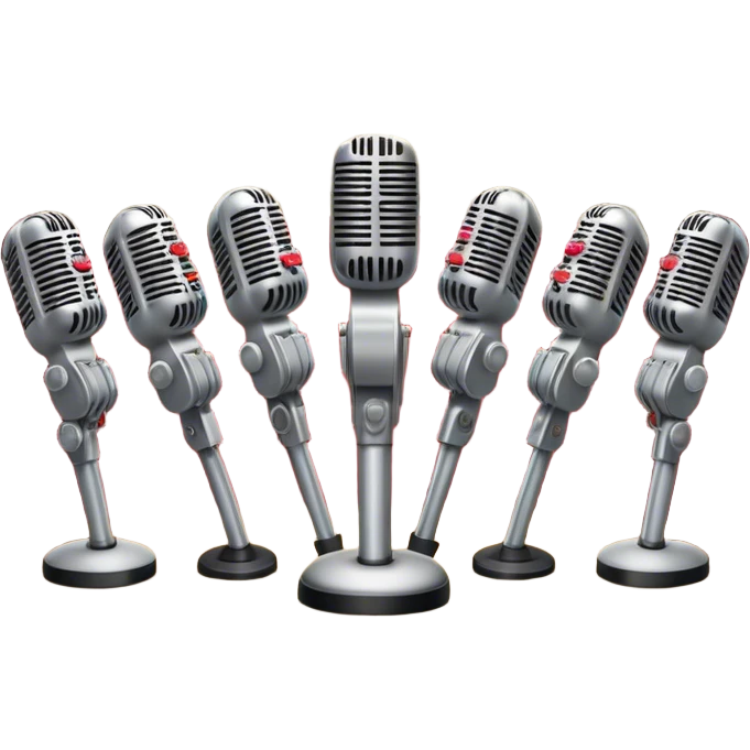 Create a vibrant and dynamic emoji that represents choral vocal performance. The design should feature 10 vintage stage microphones arranged in a semi-circle on a concert stage, symbolizing a vocal group or choir. Add musical notes flowing around the microphones to represent harmony and unity in the performance. Include concert lighting and a celebratory atmosphere to convey the excitement of live music. Use bright, bold colors like red, gold, and silver to emphasize the energy and glamour of the stage. The background should be transparent. emoji