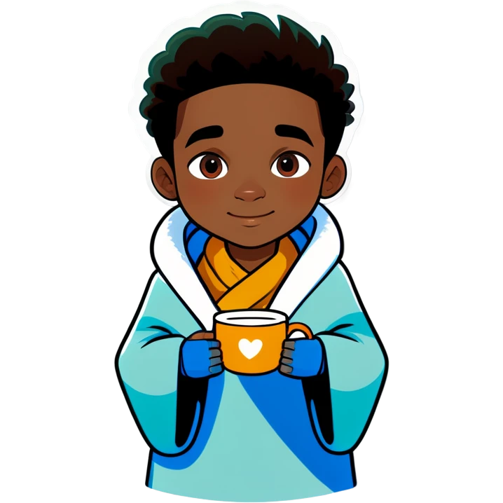 Brown skin boy wrapped in a blanket holding a cup of tea cozy vibes emoji