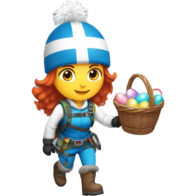 Female winter mountaineer red hair white skin climbing with Greek Flag and Easter eggs basket emoji