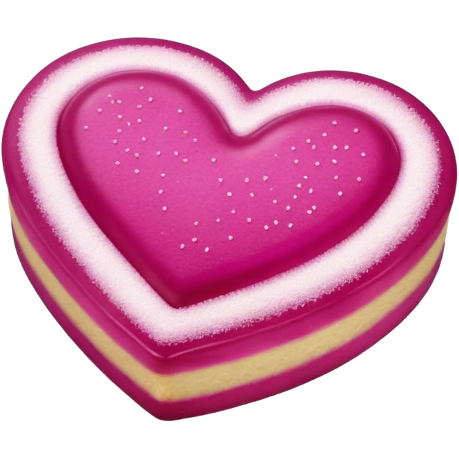 Realistic shortbread cookie in the shape of a heart with Fuchsia color jelly middle filling and sprinkled powder sugar on top. emoji