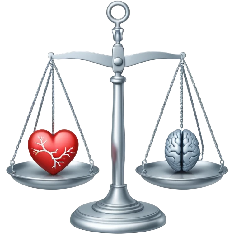 balanced scale with brain on one side and heart on the other side, perfectly balanced emoji