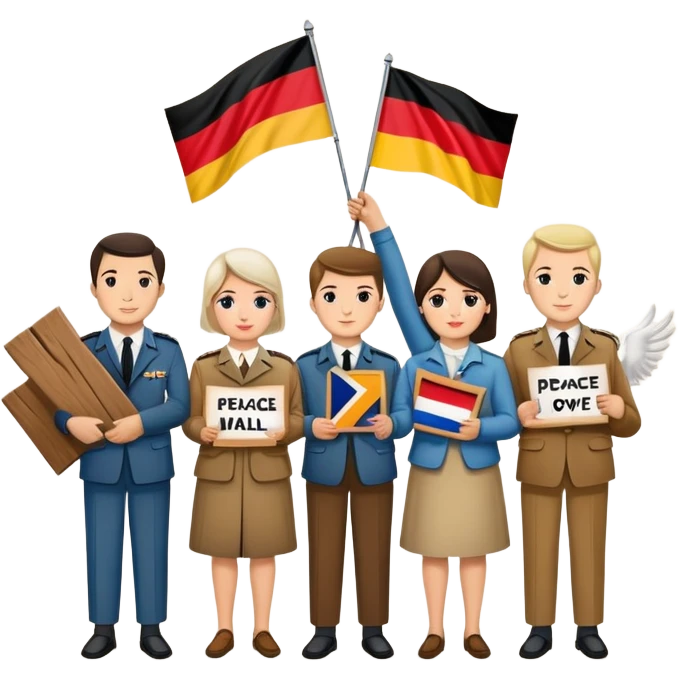 people holding protest signs, Berlin Wall in the background, peace dove, East and West Germany flags, 1950s and 60s emoji