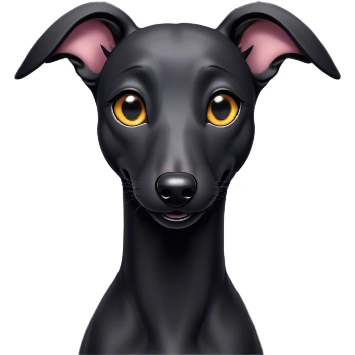 Cinematic Comical Black Greyhound Portrait Emoji, Head tilted dramatically with an exaggeratedly amused expression, featuring a glossy jet-black Fur and wide, expressive dark eyes filled with playful disbelief, Simplified yet hilariously expressive features, highly detailed, glowing with a slightly sassy glow, high shine, dramatic yet playful, stylized with an air of cheeky mischief, bright and endearing, soft glowing outline, capturing the essence of a spirited and over-the-top racer, so meme-worthy it feels like it could side-eye its way into internet fame instantly! emoji