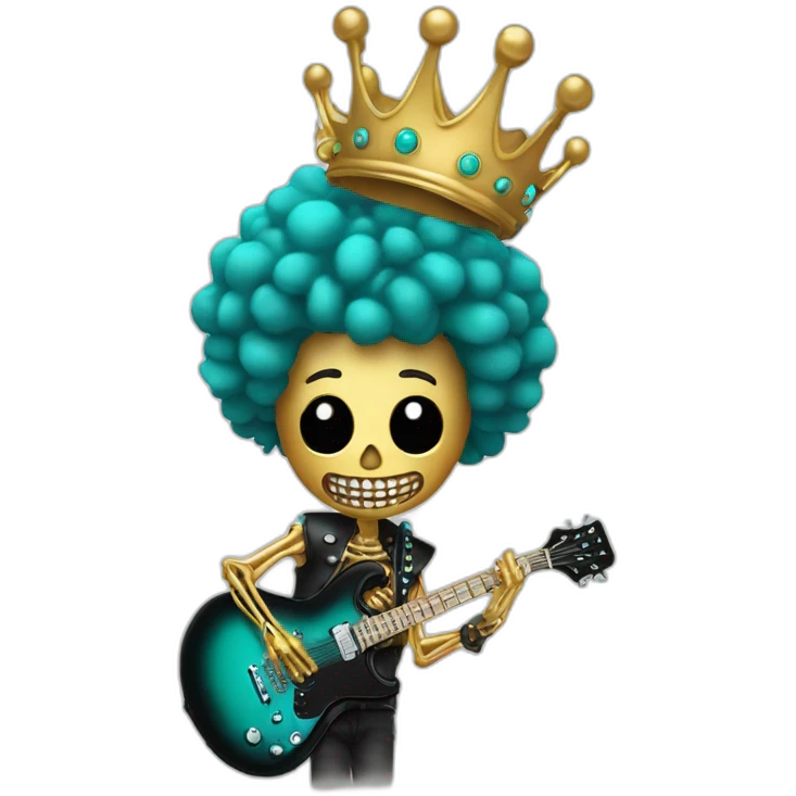 Soolking brook ;black affro cut ;turquoise electric guitar;golden crown ;skeletal face emoji