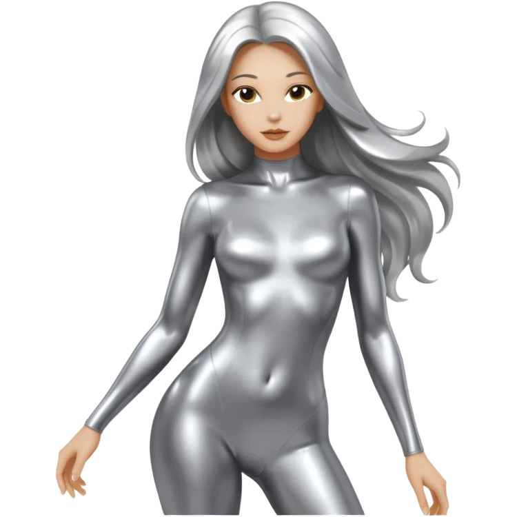 abstract sensual skinny body silhouette, liquid silver chrome, smooth curves,chrome silver long hair, chrome metallic color face and body, sensual poses emoji