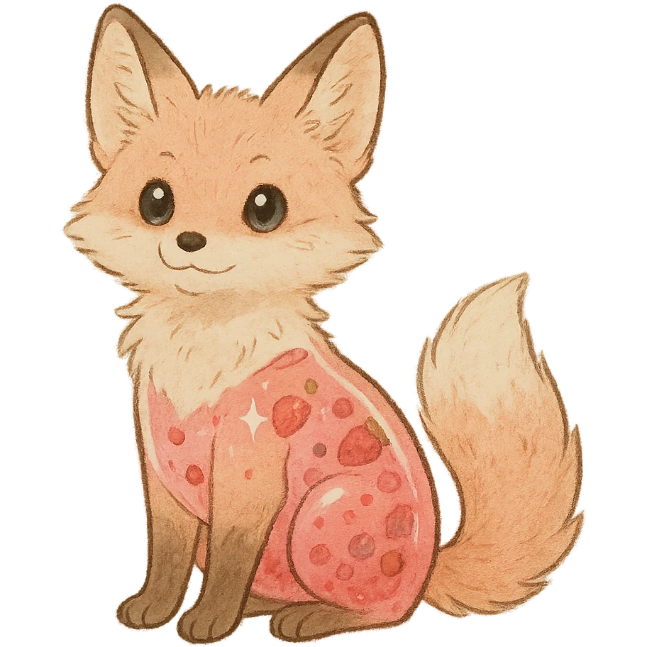 soft fluffy fox with a transparent body filled with fruity smoothie, sparkling eyes, pastel pink, full-body emoji