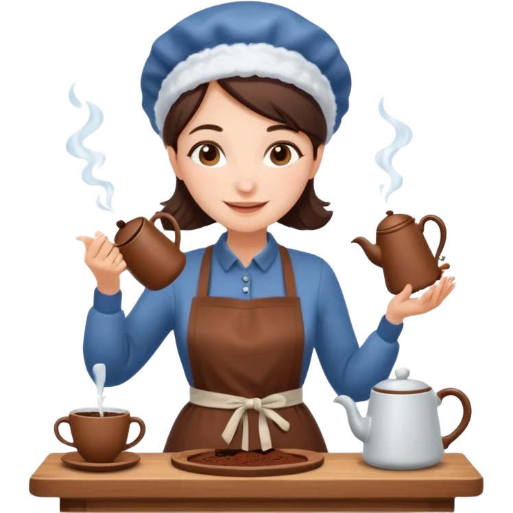 A cheerful woman wearing a winter apron, pouring cocoa from a kettle into tiny cups.
 emoji