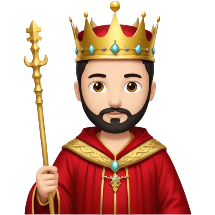 Bearded King, young king with short black beard, royal staff in hand, wearing crown
 emoji