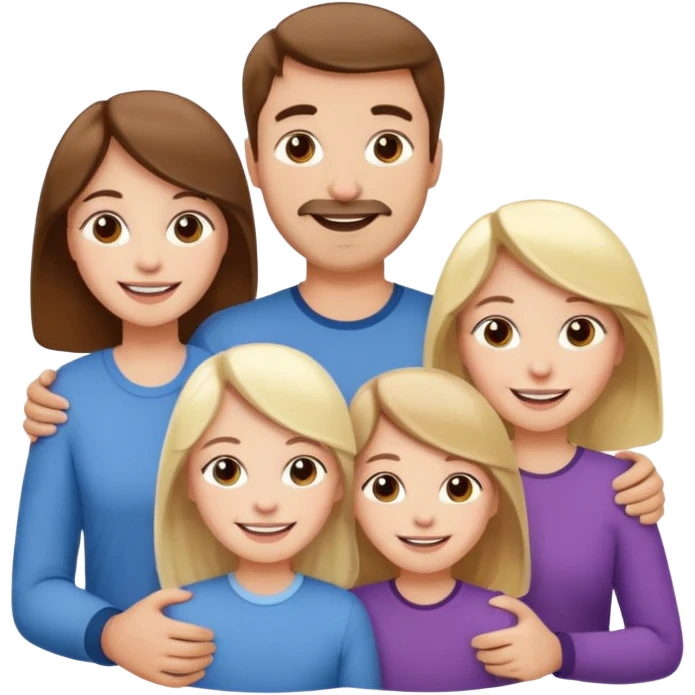 happy pale white family with one brown hair dad, one brown hair mom, one blonde girl, and one brown hair girl emoji