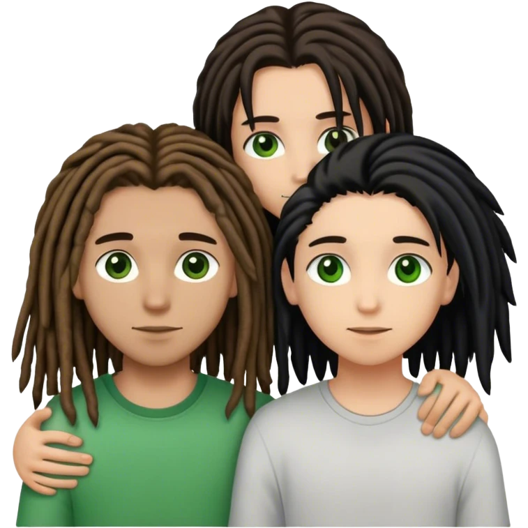 couple holding eachother. boy is light skinned, short brown dreads, and green eyes.girl is light skinned, long black hair straight middle part, and brown eyes. emoji