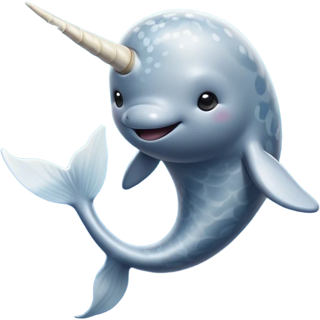 Cinematic Noble Cute Narwhal Portrait Emoji, Poised and graceful, with a streamlined, gently curved body clad in mottled, silvery-gray skin, accented by a long, spiraled ivory tusk and wide, expressive eyes radiating playful intelligence, Simplified yet sharp and sophisticated features, highly detailed, glowing with a cool, frosted ocean glow, high shine, intelligent and enigmatic, stylized with an air of whimsical marine majesty, focused and graceful, soft glowing outline, capturing the essence of a watchful and confident cute narwhal that appears ready to glide out of the screen with effortless charm! emoji