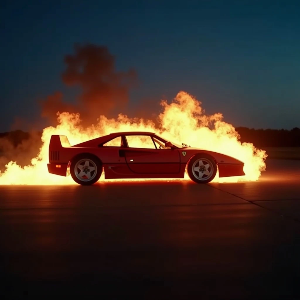 Cinematic still of Ferrari F40 in fire, blue background emoji