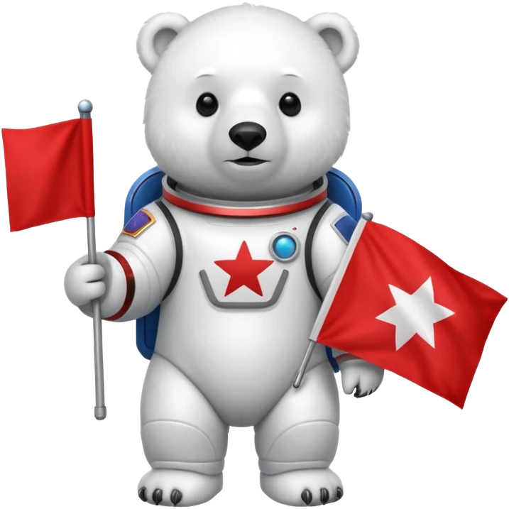 Polar bear in space suit, holding red rectangle flag emoji