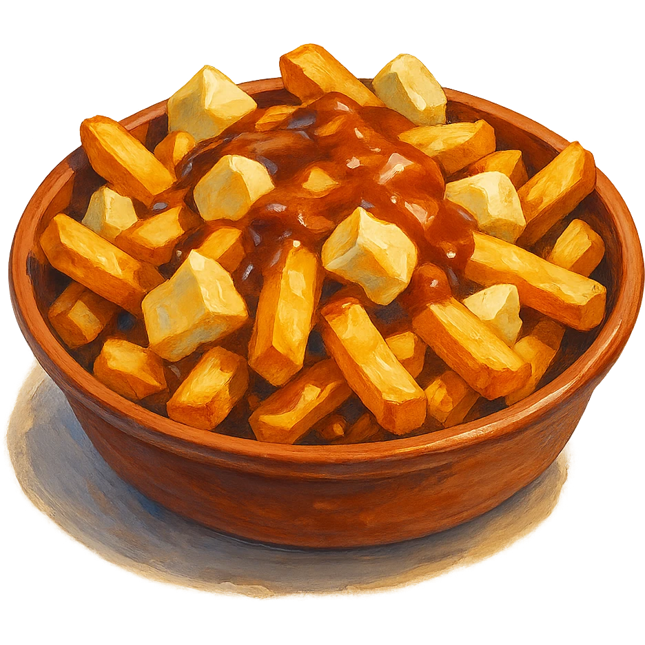 В слега рисованном, но при этом ярком и объемном стиле сгенерируй картинку сочного американского канадского блюда путин, профессионально выставленный свет, который подчеркивает объем, прозрачный фон emoji