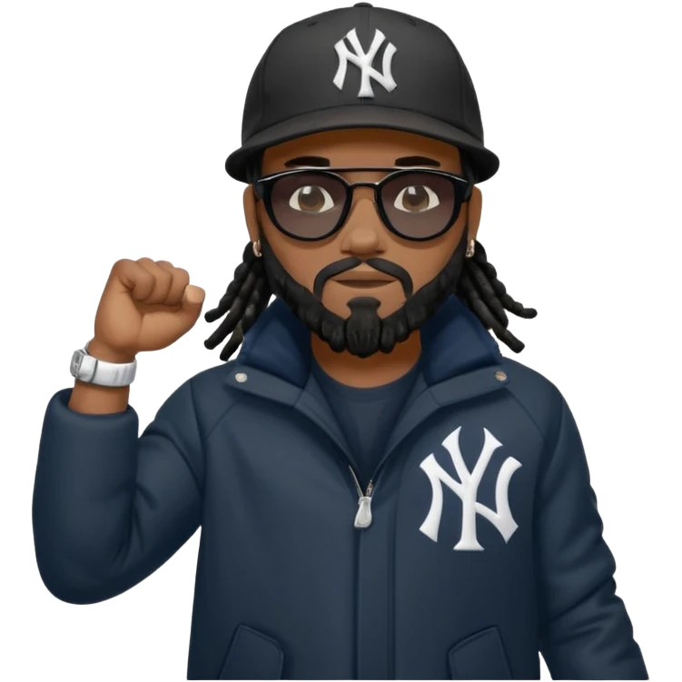 African American man with shoulder length black dreadlocks with black beard wearing black sunglasses wearing a New York Yankees logo baseball cap wearing a all dark black bubble winter coat flexing arm muscles emoji