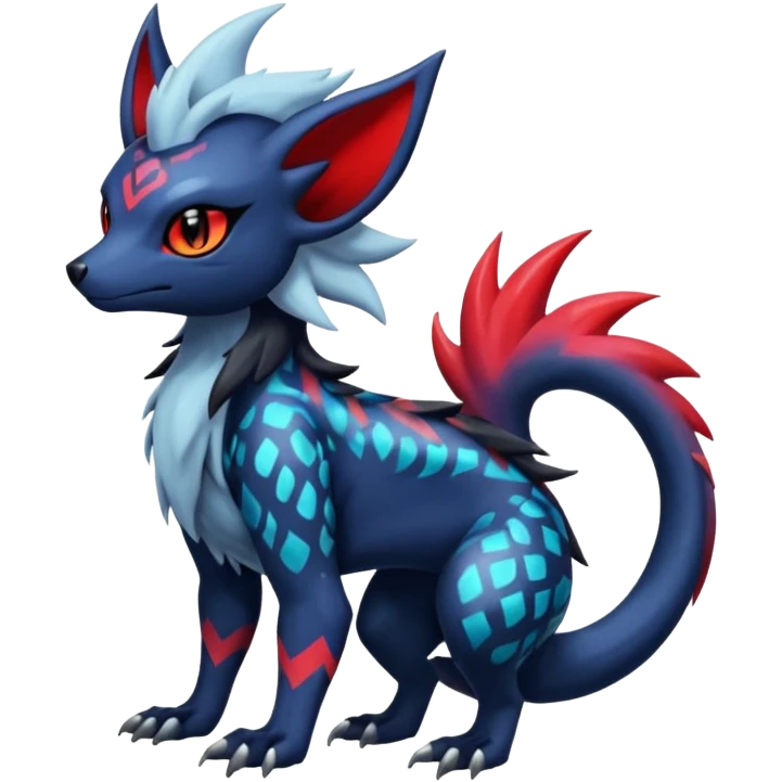 Colorful patterned esoteric shiny glowing scaly scary cool badass edgy Zorua-Absol-Salandit-fusion (full body) emoji