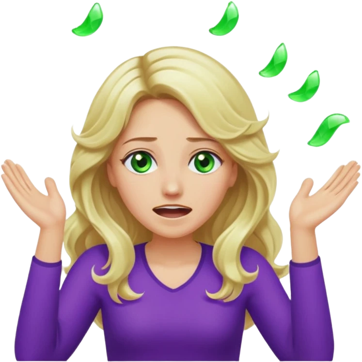 lady with long wavy blonde hair, purple top, green eyes, throwing her hands in the air crying emoji