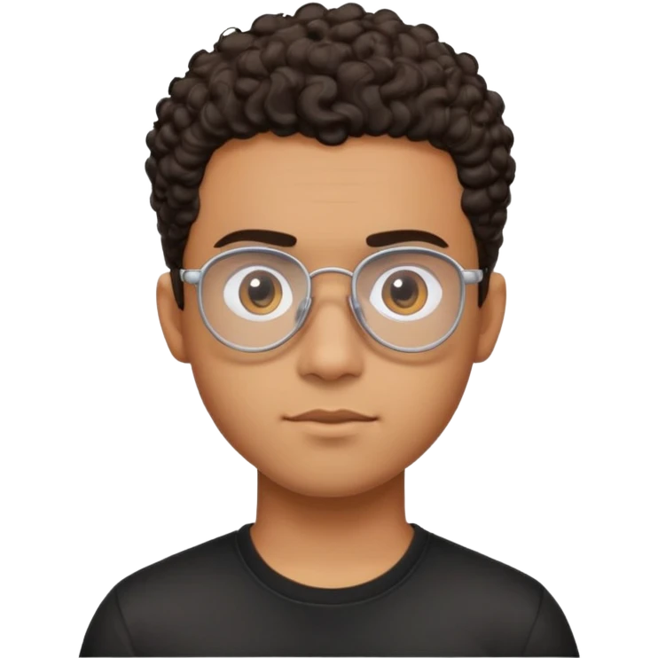 Young Latino man with small oval face, big forehead, aviator glasses, shaved sides with short curly hair on top, neutral-friendly expression, brown skin, black t-shirt emoji