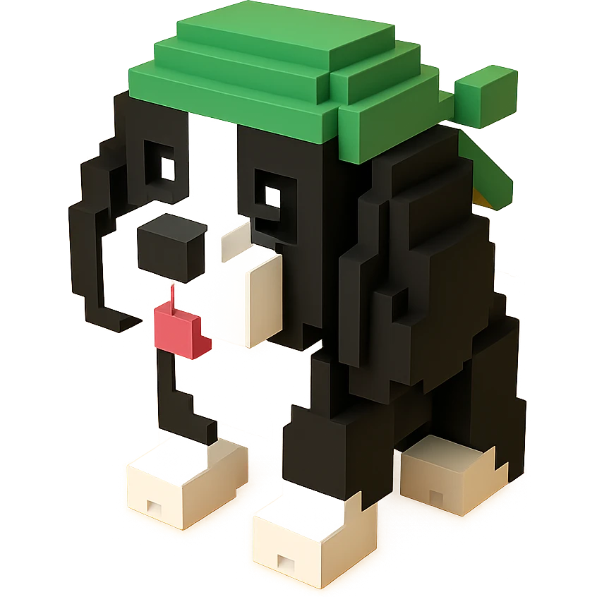 A black and white Russian Cocker Spaniel puppy wearing a green durag, voxel style, standing emoji