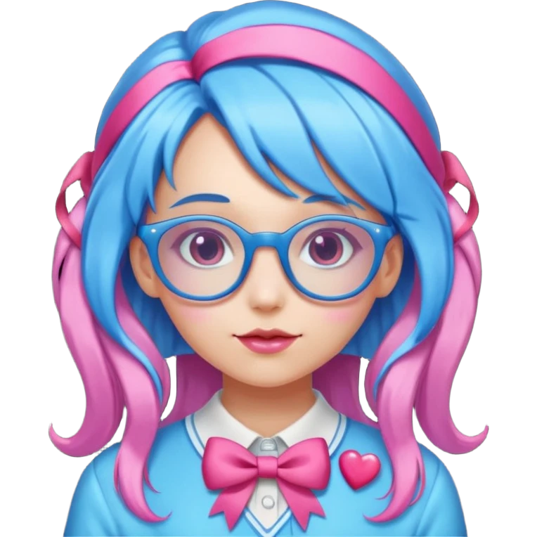 candy girl with very long blue-pink mixed candy hair with ribbon and no tattooes, with glassess emoji