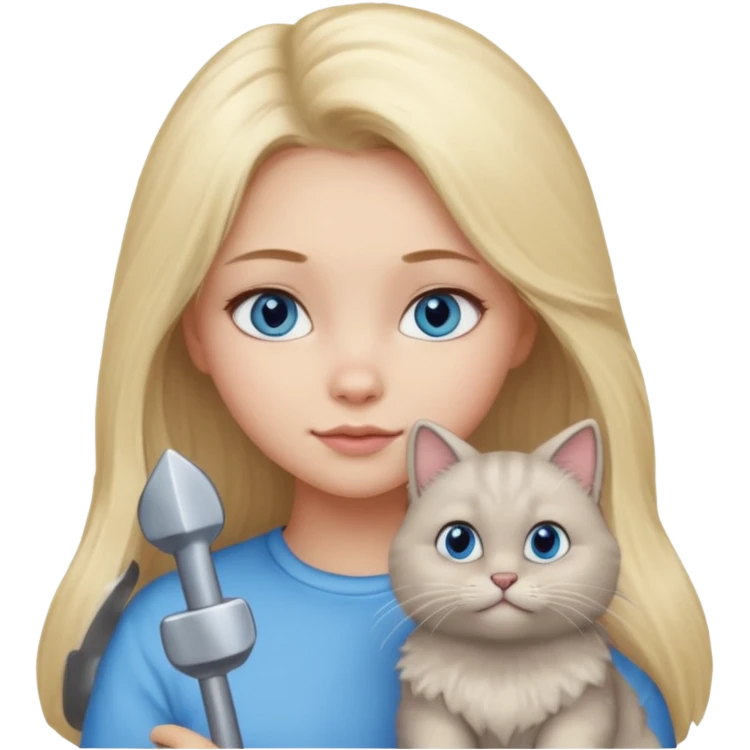 blonde girl with long blonde hair and blue eyes with chubby gray cat emoji