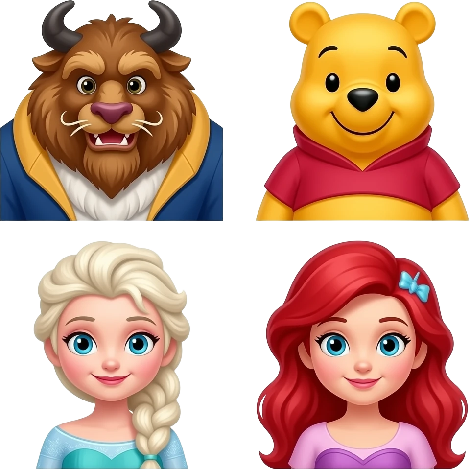 Beauty and the beast, Winnie the Pooh, frozen, and the little mermaid emoji