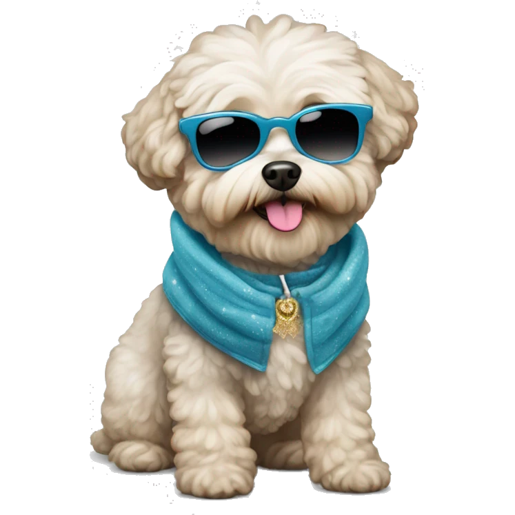 maltipoo dog with sunglasses and wearing new year clothes emoji