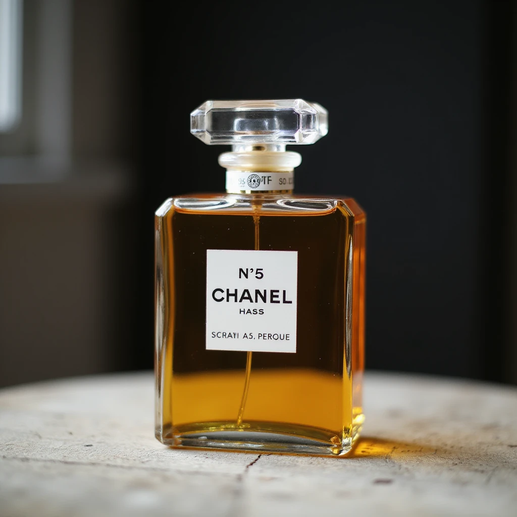 realistic Chanel No. 5 perfume, detailed glass bottle, photorealistic style emoji