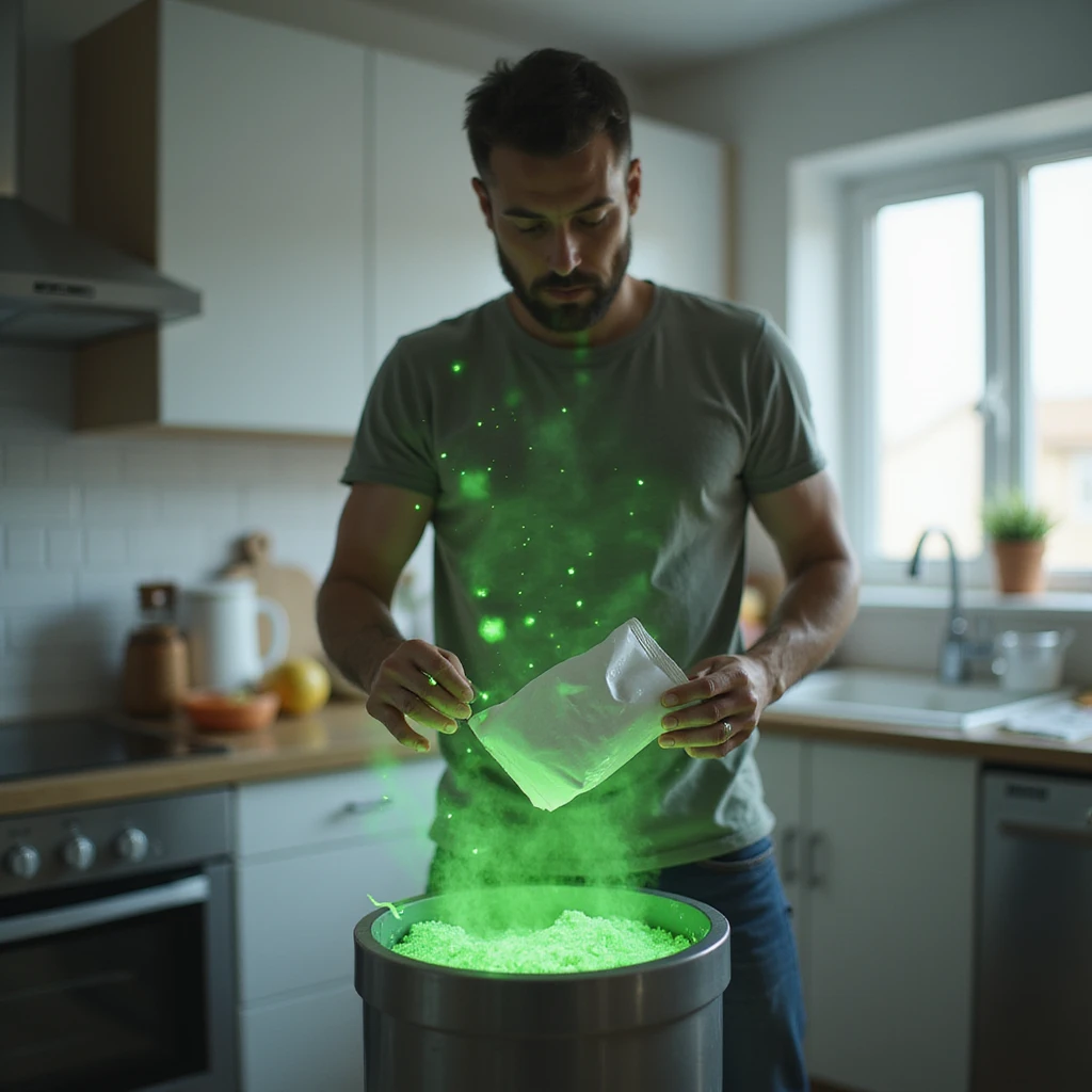 realistic man in a clean modern kitchen, throwing sugar packets into a trash bin, determined expression, toxic green aura around sugar packets, clear lighting, atmosphere of health and decision, realistic style, 4K quality emoji