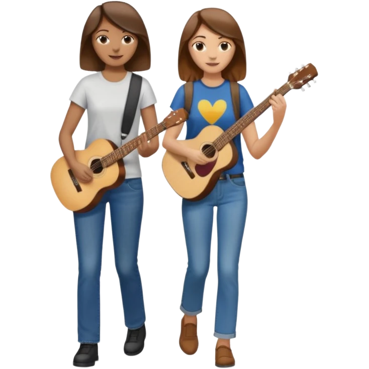based on emoji style, like this "💁🏻‍♀️" "💁🏽‍♂️" "💁🏻", two people walking together. one is brown-haired woman, wearing business casual, holding a guitar. Another one is a non-binary person, wearing t shirt and jeans, and the second person doesn't have anything on their hands. emoji