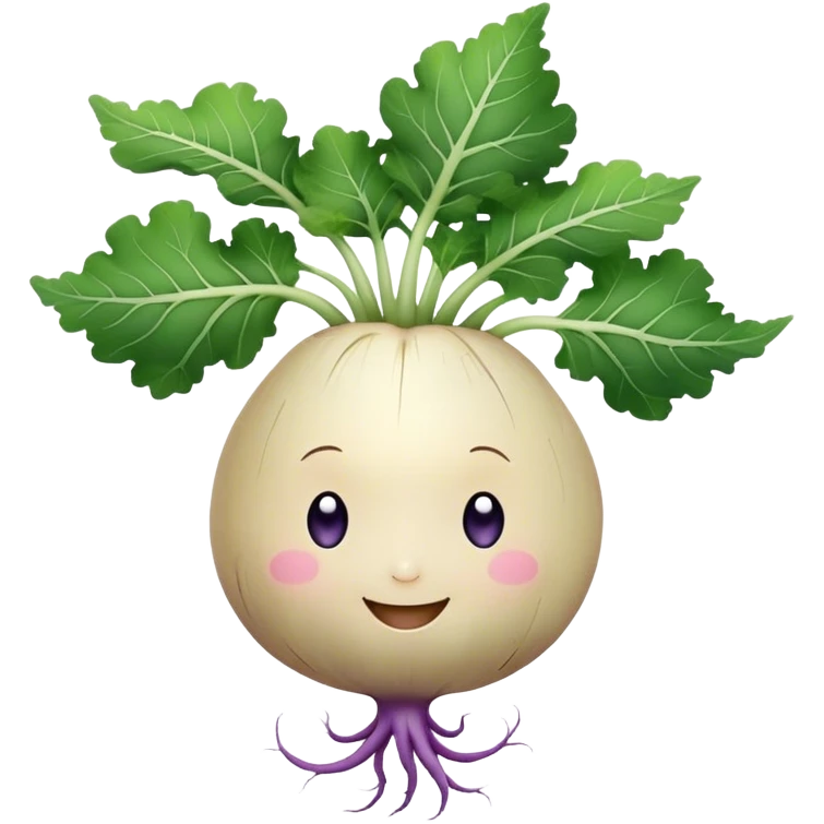 white turnip with slight purple shading with cute smiling baby-like face and leafy stalk and cute spindly roots from the bottom emoji