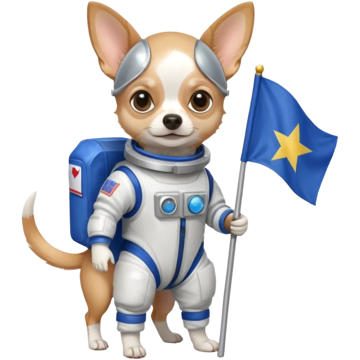 a chihuahua in space suit, holding blue rectangle flag, full body, front view emoji