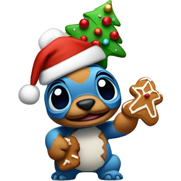 Stitch with Christmas hat on and ginger bread in his hand emoji