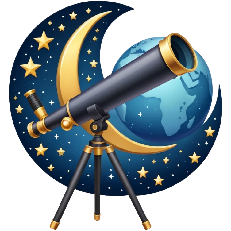 An icon featuring a telescope, stars, and a planet, symbolizing astronomy. The design includes a crescent moon, distant galaxies, and constellations, representing the study of space and celestial bodies. Transparent background highlights the exploration of the universe and cosmic phenomena. emoji