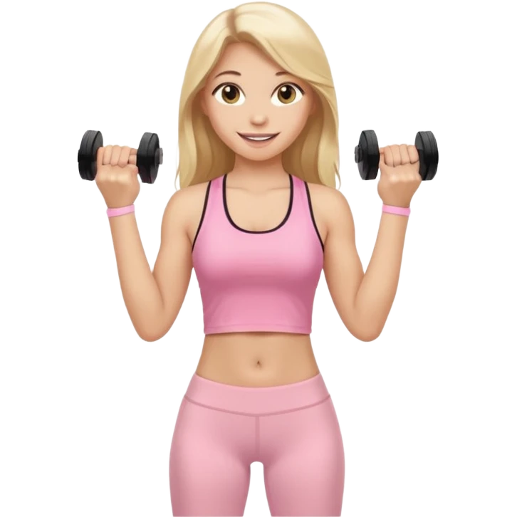 Create a young woman with long blonde hair, golden eyes, and medium-light skin tone, wearing a light pink tank top and leggings. She should be doing home worjout, with a smile emoji