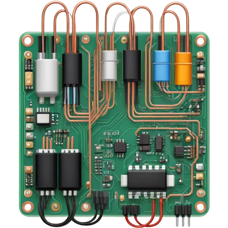 An icon featuring a circuit board, electrical wires, symbolizing electrical engineering. The design includes resistors, capacitors, and a power transformer, representing the study of electrical systems and innovation. Transparent background highlights modern electrical technology emoji