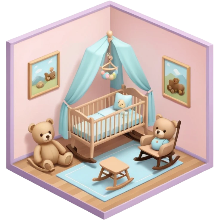 isometric baby room, Nursery with pastel walls and hanging mobile emoji