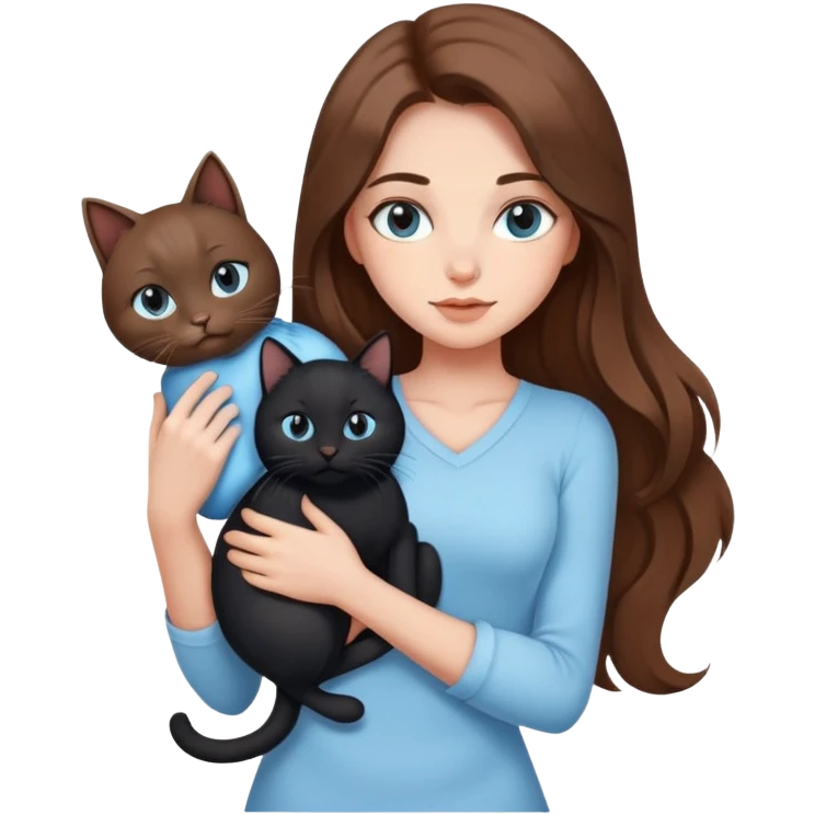 A sexy girl with long hair wearing light blue clothes is holding a black cat emoji