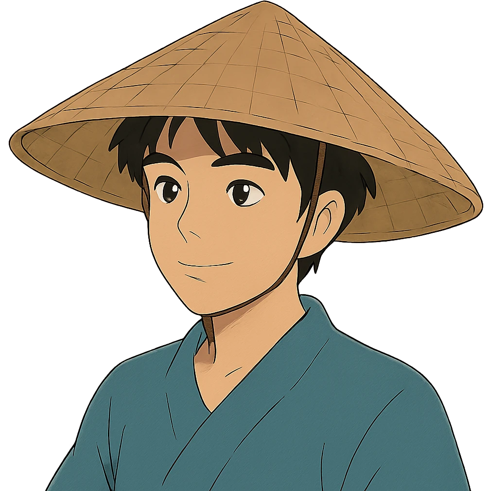 young Asian man with a rice hat emoji