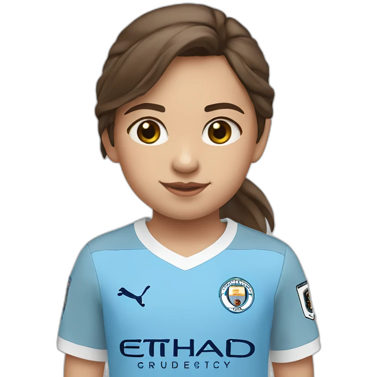 Little girl with brown hair and eyes wearing Manchester City football shirt emoji