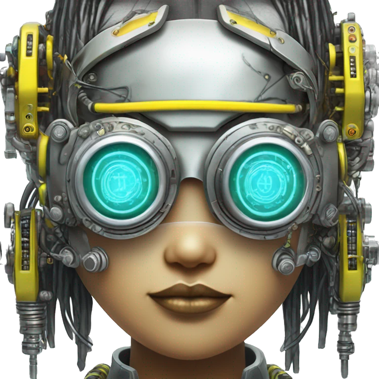 Neon yellow bobbed hair Asian female cyborg head with silver steampunk goggles and circuits emoji