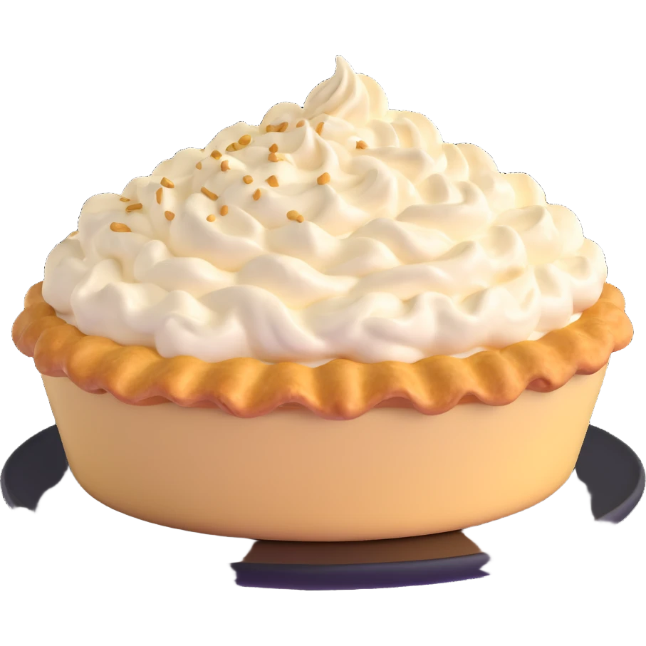 intact cream pie with golden brown crust and cream topping, playful, no background, same angle as before the splat emoji