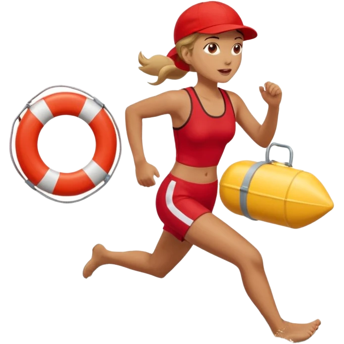 Female lifeguard – red cap, running along shore with rescue buoy emoji