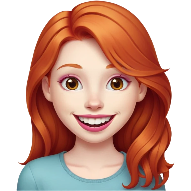 Young girl with pale skin, longer face, full pink lips smiling with big teeth, very long ginger red hair (no blonde at all), big brown eyes, bigger nose, big mouth emoji