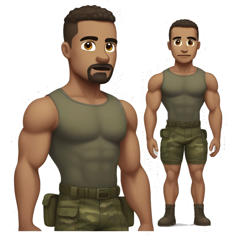 White skin, dark brown hair, hairy body, Bodybuilder, high and tight military haircut, wearing briefs emoji
